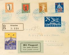 Switzerland, Airmail. COVERYv 5. 1924. 25 Cts Blue, Different Values And Vignette 30 Cts Ultramarine And Ocher FLUGPOST  - Otros & Sin Clasificación