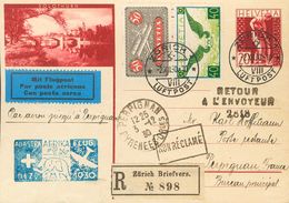 Switzerland, Airmail. COVERYv 9, 14. 1930. 20 Cts Carmine On Postal Stationery Card Registered From ZURICH To PERPIÑAN ( - Autres & Non Classés