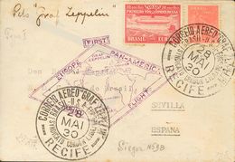 Brazil, Airmail. COVERYv 13. 1930. 10000 Reis Carmine And 300 Reis Pink. Graf Zeppelin From RECIFE To SEVILLA. Postmark  - Otros & Sin Clasificación