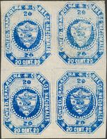 Colombia. (*)Yv 5. 1859. 20 Ctvos Blue, Block Of Four. Wide Margins And Good Color. VERY FINE AND RARE. (Scott 6) -- Col - Colombie