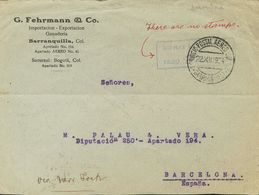 Colombia. COVERYv . 1924. Air Mail From BARRANQUILLA To BARCELONA. Postmark NO HAY ESTAMPILLAS / PAGO ..., In Violet And - Colombia