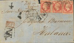 Cuba, French Post Office. COVER17B(3). (1865ca). 80 Cts Carmine FRANCE, Three Stamps (two With Small Defects). Cover Fro - Other & Unclassified