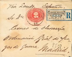 Méjico. SOBREYv 114(2). 1894. 10 Ctvos Rojo, Dos Sellos (uno Al Dorso). Certificado De MEXICO A MADRID, Circulada Vía La - Mexique