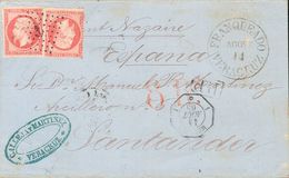 Mexico, French Post Office. COVER. 1865. 80 Cts Pink Carmine From France, Two Stamps. VERACRUZ To SANTANDER. Anchor Post - Mexico