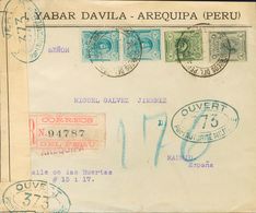 Perú. SOBREYv 142, 143, 147(2). 1917. 1 Ctvo Gris, 2 Ctvos Verde Y 12 Ctvos Azul Verde, Dos Sellos. Certificado De AREQU - Pérou