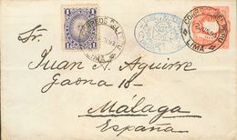 Perú, Entero Postal. SOBREYv 76. 1893. 10 Ctvos Rosa Sobre Entero Postal De LIMA A MALAGA, Con Franqueo Complementario D - Perú