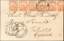 Uruguay. SOBREYv 144(6). 1904. 5 Mils Naranja, Seis Sellos (uno Plegado Hacia El Dorso). Tarjeta Postal De MONTEVIDEO A  - Uruguay