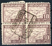 Andorra N° 51. Raro Bloque Se-tenant De 4 Sellos Con Matasellos Certificado (Bloc De 4 Rare Avec Cachet Recommandé). - Used Stamps