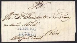 1835. LEIRIA TO OVIDOS. OFICIAL REGISTRED MAIL. "SEGURO/LEIRIA" POSTMARK IN BLUE. RARE COVER. - Cartas & Documentos