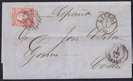 1869. VILLARREAL DE SAN ANTONIO A CÁDIZ. 25 REIS ROJO MAT. NUMERAL "1" NEGRO. FECHADOR PEQUEÑO. MARCA "CADIZ/FRANCO". - Cartas & Documentos