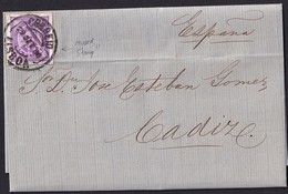 1888. LISBOA A CÁDIZ. 25 REIS VIOLETA RECORTADO. MAT. FECHADOR "CORREIO/LISBOA" NEGRO. MUY INTERESANTE FRAUDE. - Lettres & Documents