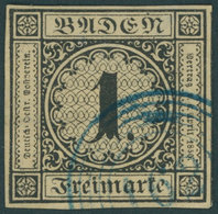 BADEN 1a O, 1851, 1 Kr. Schwarz Auf Sämisch Mit Blauem Nummernstempel 162 (Zell A.H.), Allseits Breitrandig!, Kleine Fal - Autres & Non Classés