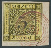 BADEN 2b BrfStk, 1852, 3 Kr. Schwarz Auf Gelb Mit Nummernstempel 28 (DURLACH) In Rot, Kabinettbriefstück, Signiert Krusc - Sonstige & Ohne Zuordnung
