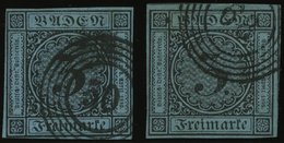 BADEN 8 O, 1858, 3 Kr. Schwarz Auf Blau, 2 Voll-überbreitrandige Kabinettwerte In Verschiedenen Farbnuancen - Autres & Non Classés