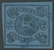 BRAUNSCHWEIG 7b O, 1853, 2 Sgr. Schwarz Auf Hellblau Mit Blauem Halbkreisstempel, Pracht - Brunswick