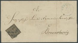 BRAUNSCHWEIG 9a BRIEF, 1863, 4/4 Gr. Schwarz Auf Graubraun Mit Nummernstempel Und Seltenem Blauen Nebenstempel GREENE Au - Brunswick