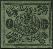 BRAUNSCHWEIG 10A O, 1863, 1/2 Gr. Schwarz Auf Lebhaftgraugrün, Pracht, Signiert H. Krause, Mi. 300.- - Braunschweig