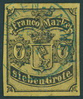 BREMEN 3a O, 1860, 7 Gr. Schwarz Auf Rötlichgelb, Blauer K1 BREMEN-BAHNH., Pracht, Signiert Thier, Mi. 900.- - Bremen