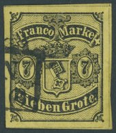 BREMEN 3a O, 1860, 7 Gr. Schwarz Auf Rötlichgelb, Allseits Sehr Breitrandig, Kabinett, Gepr. Bühler Und Attest W. Engel, - Brême