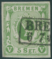 BREMEN 4a O, 1859, 5 Sgr. Gelbgrün, Kabinett, Gepr. Pfenninger, Mi. (380.-) - Bremen
