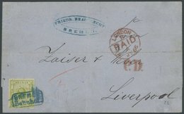 BREMEN 9a BRIEF, 1865, 5 Sgr. Gelbgrün, Blauer R2 BREMEN BAHNHOF Auf Dekorativem Brief Nach Liverpool, Leichte Bedarfssp - Bremen