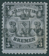 BREMEN 11 O, 1867, 3 Gr. Schwarz Auf Blaugrau, 2x L1 FRANCO, Pracht, Befund Dr. Fischer, Mi. 450.- - Bremen