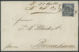 BREMEN 11 BRIEF, 1867, 3 Gr. Schwarz Auf Graublau Auf Brief Nach Bremerhaven, Senkrechte Geglättete Bugspur Durch Brief  - Bremen