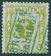 BREMEN 15c O, 1866, 5 Sgr. Dunkelgrünlicholiv, Blauer R2 BREMEN BAHNHOF, Feinst, Gepr. U.a. W. Engel, Mi. 500.- - Bremen