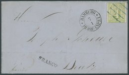 HAMBURG 16 BRIEF, 1864, 4 S. Gelblichgrün Auf Brief Mit Blauem Strichstempel Sowie K2 HAMBURG PR. BHF-EXP. Z I, L1 FRANC - Hambourg