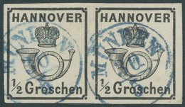 HANNOVER 17y Paar O, 1860, 1/2 Gr. Schwarz Im Waagerechten Paar, Blauer K1 MÜNDEN, Kabinett, Mi. (600.-) - Hannover