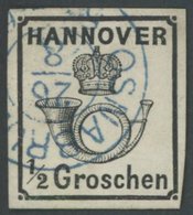 HANNOVER 17y O, 1860, 1/2 Gr. Schwarz, Blauer R2 OSNABRÜCK, Pracht, Mi. 250.- - Hannover
