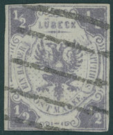 LÜBECK 1 O, 1859, 1/2 S. Dunkelviolettgrau, Unten Lupenrandig Sonst Vollrandiges Farbfrisches Prachtstück, Gepr. U.a. Pf - Luebeck