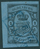 OLDENBURG 6a O, 1859, 1 Gr. Schwarz Auf Hellblau, Linkes Randstück Mit Blauem R2 VECHTA, Pracht - Oldenbourg