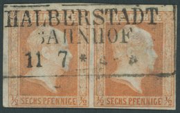 PREUSSEN 1 Paar O, 1851, 1/2 Sgr. Rotorange Im Waagerechten Paar, R3 HALBERSTADT BAHNHOF, Pracht - Sonstige & Ohne Zuordnung