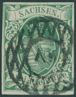 SACHSEN 2IIa O, 1851, 3 Pf. Saftiggrün, Nummernstempel 2, Breitrandig, Pracht, Mi. 120.- - Saxony