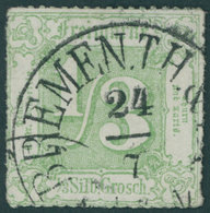 THURN Und TAXIS 36 O, 1865, 1/3 Sgr. Dunkelgelblichgrün, K1 BREMEN TuT, Kabinett, Signiert H.K. - Autres & Non Classés