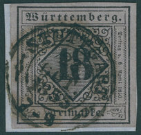 WÜRTTEMBERG 5I BrfStk, 1851, 18 Kr. Schwarz Auf Violettgrau, Type I, Allseits Breitrandig Auf Kleinem Briefstück, K2 STU - Altri & Non Classificati