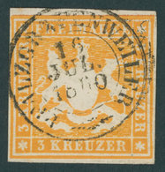 WÜRTTEMBERG 12 O, 1859, 3 Kr. Gelborange, Zentrischer K2 PFALZGRAFENWEILER, Große Originalgummiteile, Pracht - Altri & Non Classificati