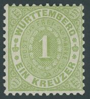 WÜRTTEMBERG 43 *, 1874, 1 Kr. Gelbgrün, Falzrest, Pracht, Mi. 140.- - Sonstige & Ohne Zuordnung