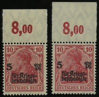 Dt. Reich 105aPOR **, 1919, 10 Pf. Rot Kriegsgeschädigte, Plattendruck, Oberrandstück, 2 Verschiedene Nuancen, Pracht, G - Oblitérés