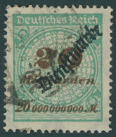 DIENSTMARKEN D 87 O, 1923, 20 Mrd. M. Opalgrün, Pracht, Gepr. Peschl, Mi. 200.- - Servizio