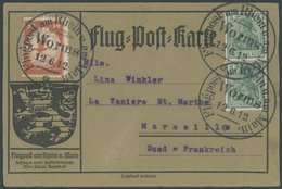 ZEPPELINPOST 10 BRIEF, 1912, 10 Pf. Flp. Am Rhein Und Main Auf Flugpostkarte Mit 2x 5 Pf. Zusatzfrankatur, Sonderstempel - Posta Aerea & Zeppelin