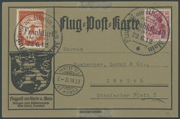 ZEPPELINPOST 11 BRIEF, 1912, 20 Pf. Flp. Am Rhein Und Main Auf Flugpostkarte Mit 10 Pf. Zusatzfrankatur (mit Firmenlochu - Correo Aéreo & Zeppelin