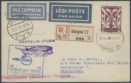 ZULEITUNGSPOST 219Cc BRIEF, Ungarn: 1933, 3. Südamerikafahrt, Anschlussflug Ab Berlin, Abwurf Barcelona, Einschreibkarte - Correo Aéreo & Zeppelin