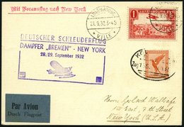 KATAPULTPOST 110Lu BRIEF, Luxemburg: 28.9.1932, Bremen - New York, Zweiländerfrankatur, Bahnpoststempel KÖLN, Prachtkart - Storia Postale