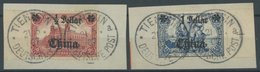 DP CHINA 44IAI,45IAII BrfStk, 1906, 1/2 D. Auf 1 M. Und 1 D. Auf 2 M., Mit Wz., Je Auf Briefstück, Randstücke, Pracht, M - Cina (uffici)