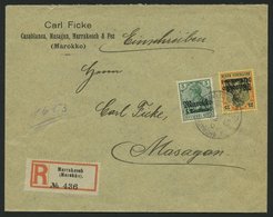DP IN MAROKKO 47,50I BRIEF, 1913, 5 C. Auf 5 Pf. Grün, Mit Wz., Auf Einschreibbrief Mit Stempel MARRAKESCH DP C Nach Mas - Deutsche Post In Marokko
