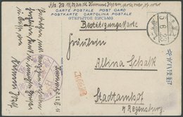 KIAUTSCHOU KURUME, 1916, Bestätigungskarte Mit Großem Violetten Lagersiegel B Und Weiteren Japanischen Stempeln Nach Deu - Kiautchou