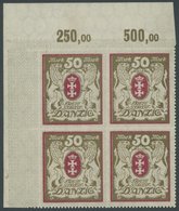 FREIE STADT DANZIG 100Xb VB **, 1922, 50 M. Lilarot/gold, Wz. 2X, Im Oberen Linken Eckrandviererblock, Postfrisch, Prach - Sonstige & Ohne Zuordnung