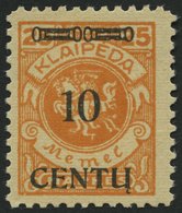 MEMELGEBIET 169BI **, 1923, 10 C. Auf 25 M. Lebhaftrötlichorange, Type BI, Postfrisch, Pracht, Gepr. Dr. Klein - Memelgebiet 1923